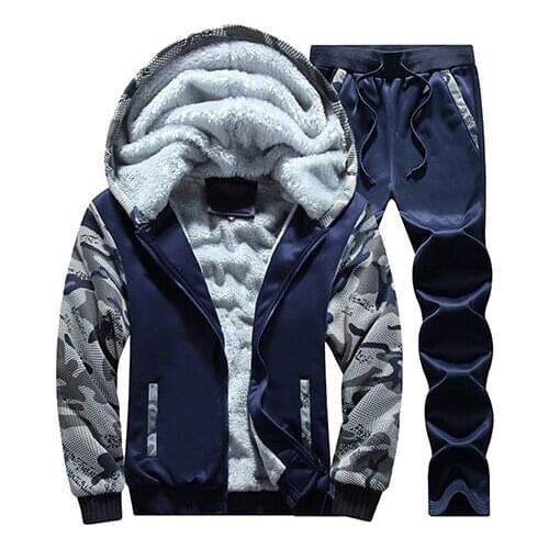 2019 Outdoor Men Hooded Sweater Autumn Winter Coat + Pants Two-piece Warm Plush Hooded Suit Mens Sportswear Sweatshirt Jacket
