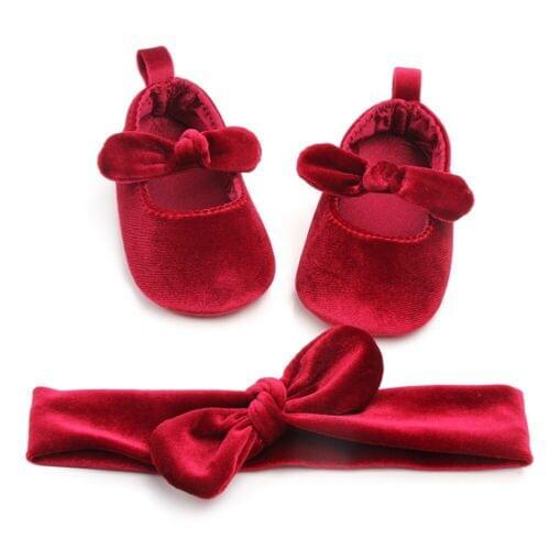 Citgeett Newborn Baby Girl Soft Gold Velvet Shoes with Hairband Infant Bowknot 0-18M