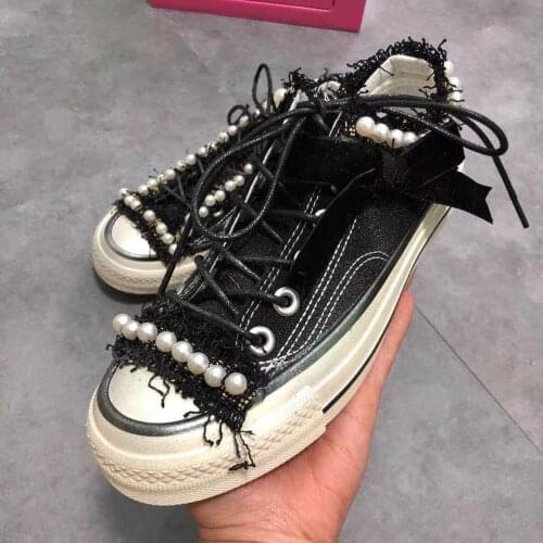 New heavy industry AB version low-cut flat canvas shoes trendy shoes street shooting handmade beaded personality