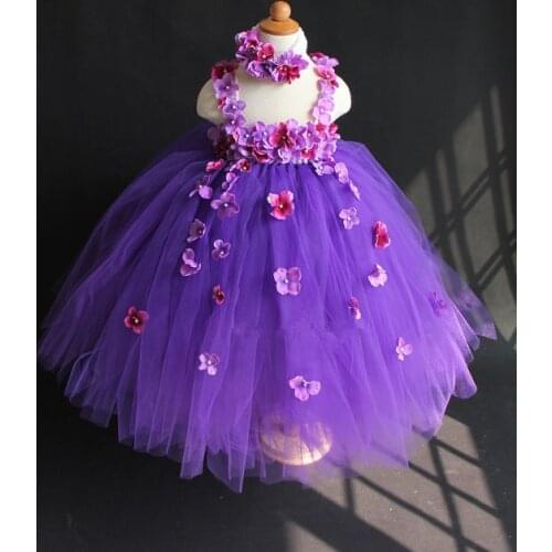 Girls Purple Flower Petals Tutu Dress Kids Fluffy Tulle Crocket Strap Dress Ball Gowns with Hairbow Children Party Costume Dress