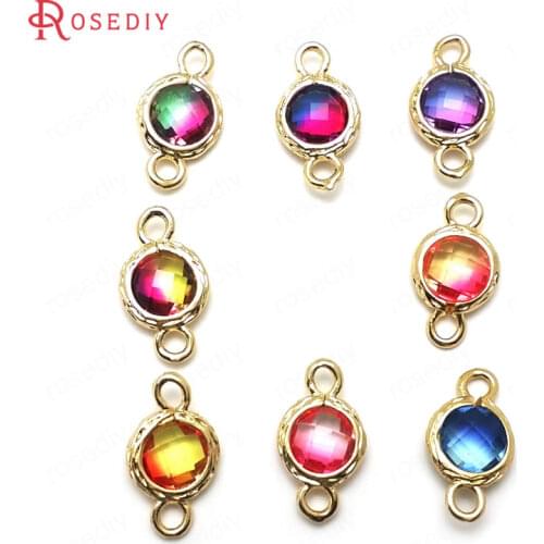 10PCS 14x8MM 24K Champagne Gold Color Brass and Glass 2 Holes Colorful Rainbow Style Round Connect Charms Pendants Accessories