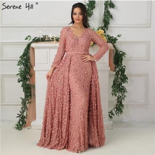 Serene Hill New Blush Pink Long Sleeves Evening Dress 2020 A-Line Handmade Flowers Pearls Fashion Formal Party Gown CLA6650