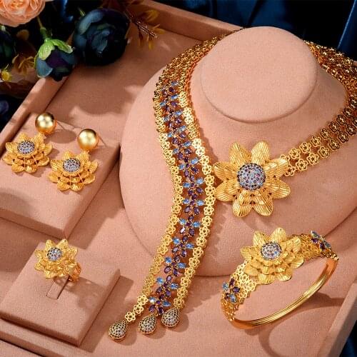 High Quality Gorgeous Luxury African Dubai Style Necklace Bangle Earrings Ring Set For Women Wedding Bridal Indian 2021 jewlery