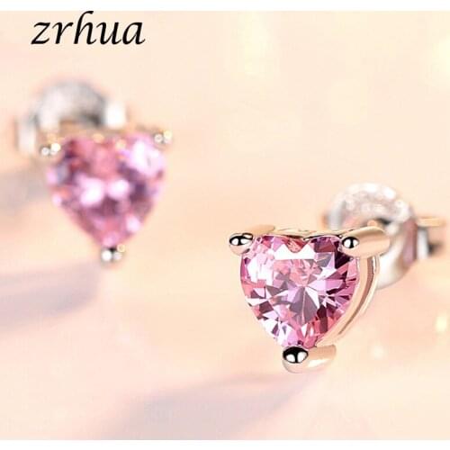 ZRHUA Authentic 925 Sterling Silver CZ Exquisite Sweet Heart Stud Earrings for Women Jewelry Valentines Day Gifts Wholesale