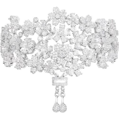 SLJELY Luxury Brand 925 Sterling Silver Jewelry Shining Floral Bracelet Women Full Cubic Zirconia Flowers Adjustable Bracelet