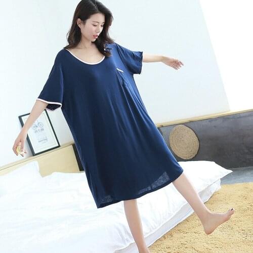 Female Underwear Modal Cotton Blue Nightwear Girls Loose Long Nightgown Large Size Summer Short Sleeve Sexy Backless Sleepshirt