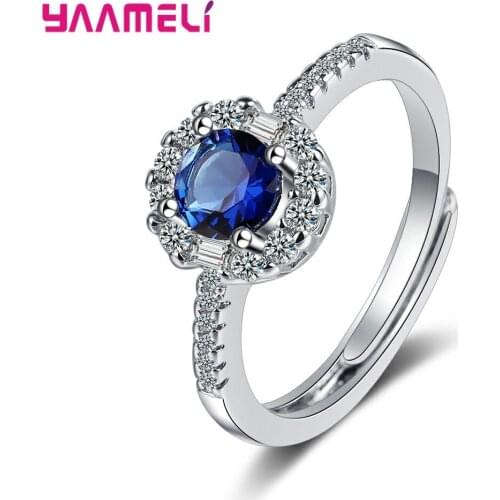 925 Sterling Silver Blue Cubic Zirconia Temperament Personality Fashion Female Trendy Resizable Opening Rings