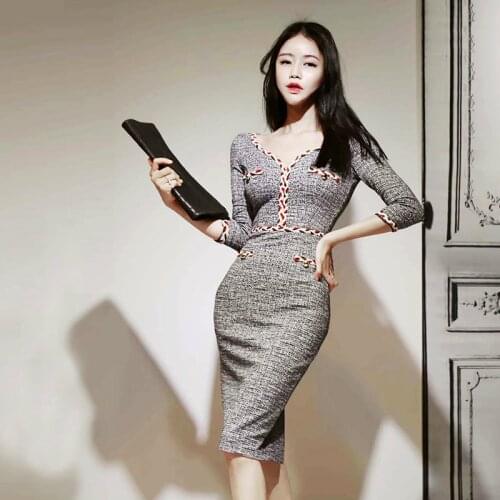 Big Size Gray Casual Tweed Dress Women Three Quarter Sheath Empire Bodycon Dress Women Empire Midi Elegant Vestido Manga Larga