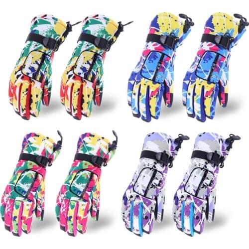 Winter Warm Waterproof Snow Gloves Colorful Graffiti Plush Lined Non-Slip Mitten U7EF