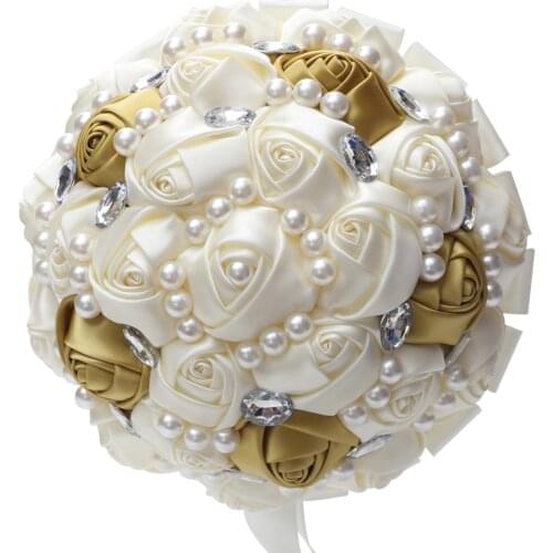 1PCs /lot Gold and Cream Hand made Flower Rhinestone Bridesmaid Crystal Bridal Wedding Bouquet