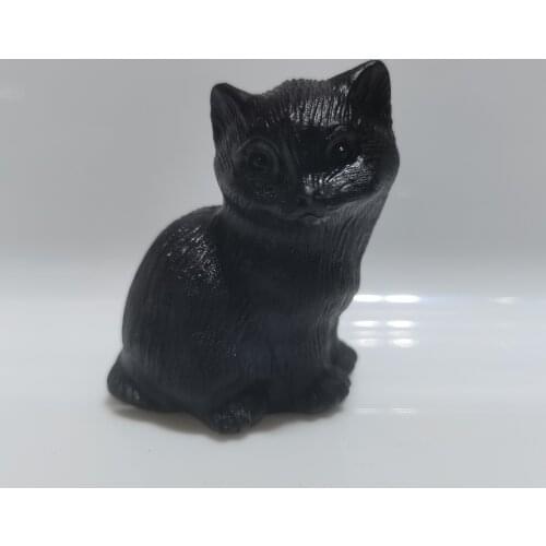 1pcs Natural obsidian Sleeping Cat Carved Rock crystal cat Statue