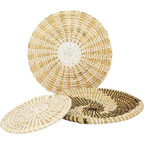 3PCS 20/30/35cm Living Room Bedroom Wall Decorative Handmade Woven Straw Round Plate Seaweed Tray Hanging Ornament Home Decor