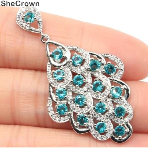 46x25mm Luxury Peacock Shape Created Aquamarine White CZ Gift For Ladies European Style Silver Pendant