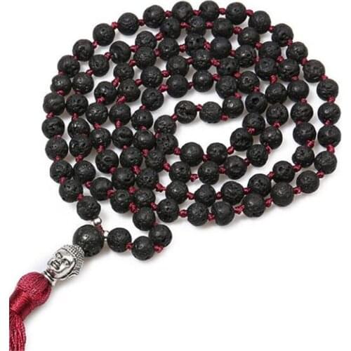 8mm Lava Stone tie a knot Tassels 108 Beads Mala Necklace yoga Bless chain energy Reiki Buddhism Handmade pray spirituality