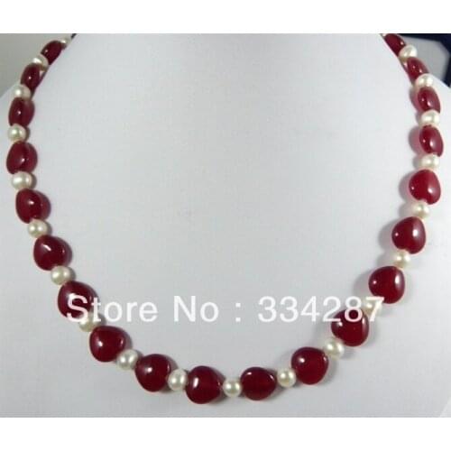 White Genuine Freshwater pearl Red Jades Heart-Shaped Jewelry necklaces 18inches