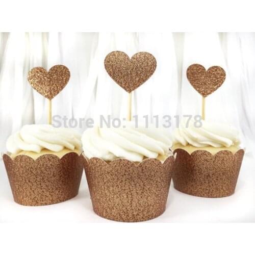 Free shipping cupcake wrapper Laser-Cut Cupcake Wrappers Birthday Party holders with brown Glitter Cupcake Toppers Supplies
