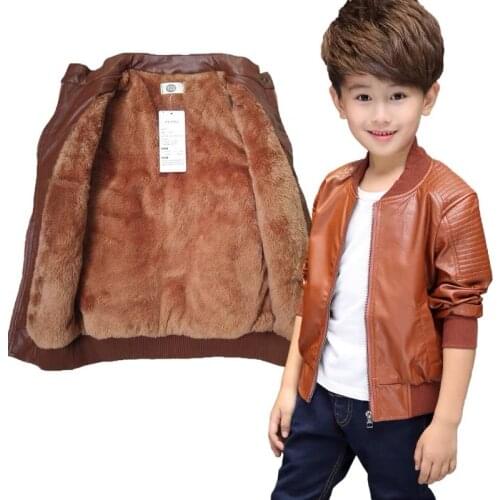 Kids Black Jacket Children Pu Coat Baby Boy Leather Outwear Plus Velvet Zipper Solid Color Coat Winter Clothing Fshion Boutique