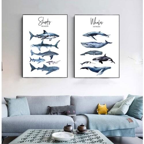 Nautical Sea Nursery Painting Whale Shark Canvas Poster Animal Art Print Education Wall Picture Nordic Kid Baby Bedroom Decor