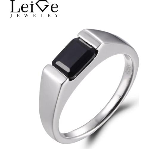 LeiGe Jewelry Natural Black Spinel Rings Anniversary Ring Emerald Cut Ring Black Gemstone 925 Sterling Silver Solitaire Rings
