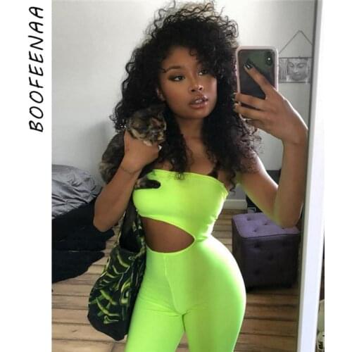 BOOFEENAA Cutout Tube Romper Neon Green Hollow Out Strapless Bodycon Jumpsuit Streetwear Bandage Playsuit Sexy Costume Clubwear