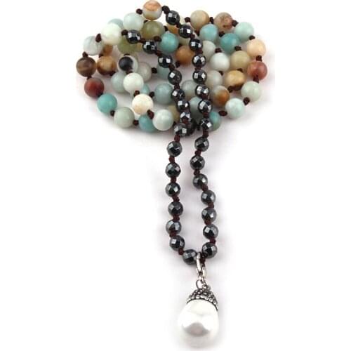 MOODPC Fashion Natural Amazonite Stone Knotted Hematite beads Pearl Pave Pendant Necklaces Women Ethnic Necklace