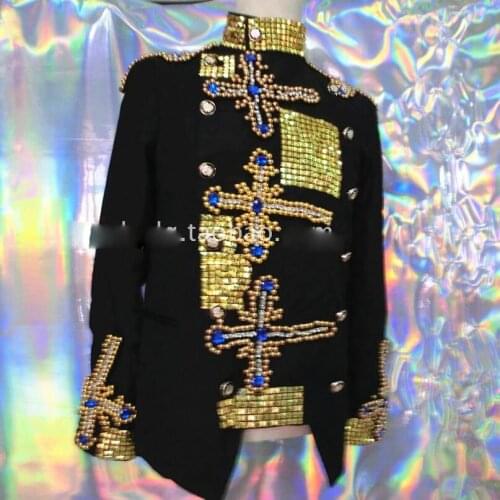 Bar men suits club male singer DJ costume host golden rivet texture irregular nail diamond coat black jacket