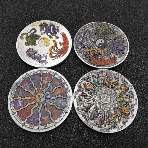 New Super Beautiful Twelve Constellation Zodiac Silver Commemorative Coins & Ancient Mythical Creatures Dragon Tiger Lucky Coins