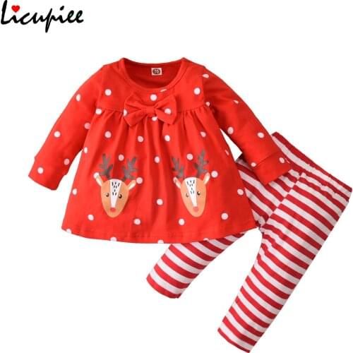 Christmas Toddler Baby Girl Casual Outfits, Polka Dot Deer White Gloves Print Long Sleeve Pullover Pants 2pcs Set 0-24 Months