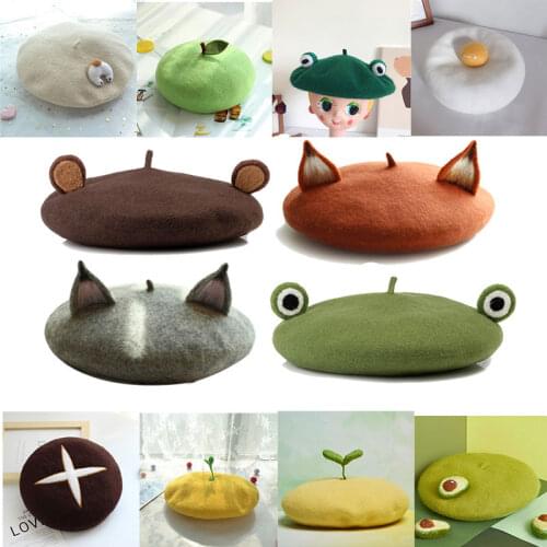 Wool Beret Hat Women Felt Beret Winter Beanie Fox Ears Style Fashion Girls Beret Hat Lady Slouchy Winter Sherlock hat
