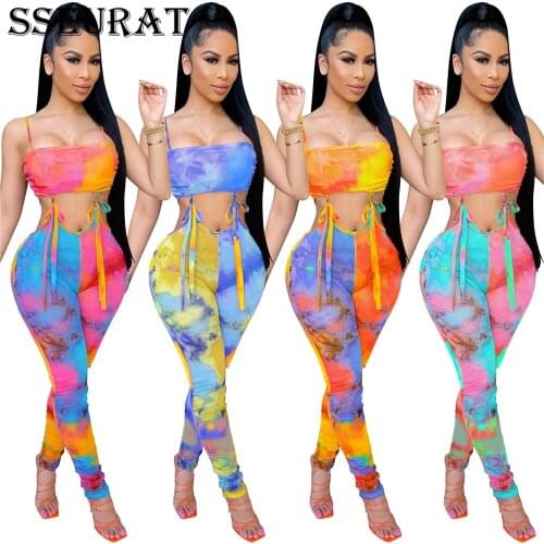 SSEURAT Tie Dye Womens Bodycon Drawstring Jumpsuit Drawstring Patchwork Sleeveless Sexy Fashion One Piece Overalls Summer 2021