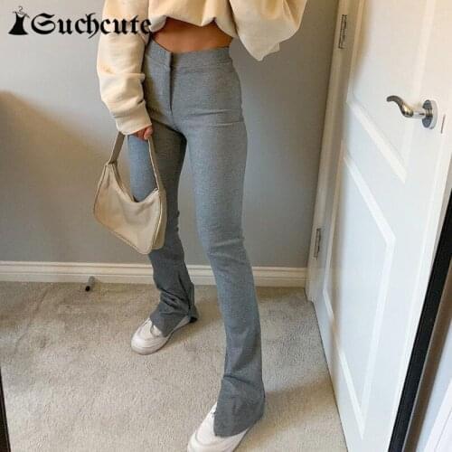SUCHCUTE Women Split Pencil Pants 2020 High Waist Sporty Activewear Skinny Trousers Streetwear Solid Grey Female Pants