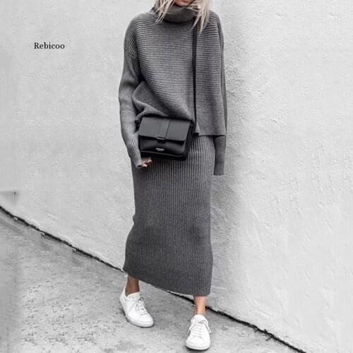 Knitted Two Piece Set Women Pullovers Turtleneck Loose Sweater+Long Skirts Outfits for Woman Office Lady Suits Set