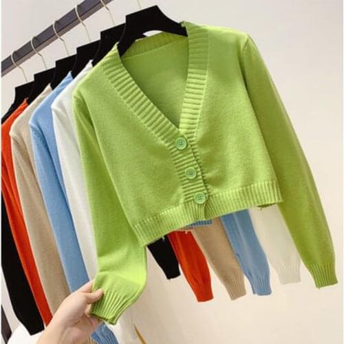 Knitted Crop Cardigan Women Korean Fashion Short Sweaters Long Sleeve V Neck Green Blue Loose Tops Cardigans Pull Femme Clothing