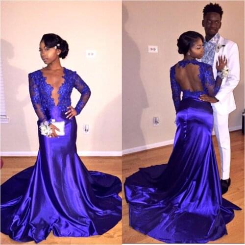 African Royal Blue Mermaid Evening Dresses 2020 vestidos de fiesta de noche Sexy Deep V Neck Open Back Formal Women Party Dress