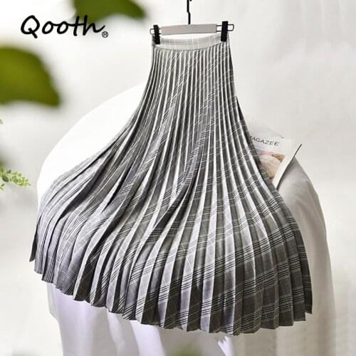 Qooth Spring Plaid Pleated Skirt Women’s New Thin High Waist A-Line Skirt Mid-length All Match Fashion Skirt with Lining QT621