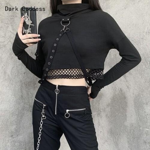 Streetwear Punk Mesh Patchwork Black Hoodie Womens Gothic Pullover Long Sleeve Buckle Bandage Slim Fit Hoodie Motorcycle Top