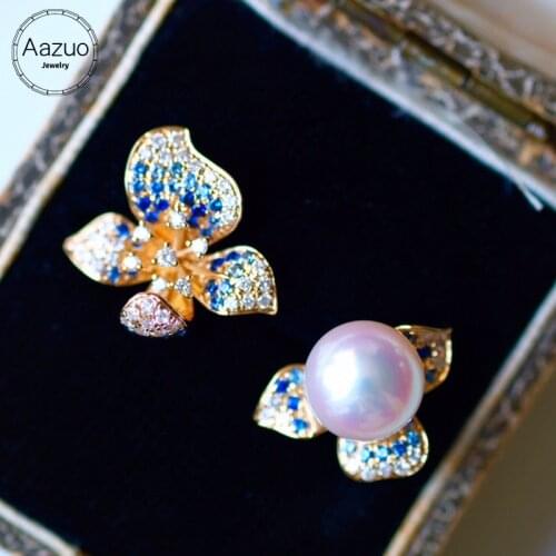 Aazuo Natural Akoya Pearl 7.5-8mm Real Diamond Blue Saphire 18K Yellow Gold Flower Stud Earrings gifted for Women Birthday Party