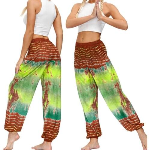 Women Smocked Waist Hippie Yoga Pants Boho Tie-Dye Palazzo Loose Harem Trousers U7EF