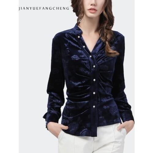2020 Autumn Winter New Ladies Velour Tops High Waist Slim V-Neck Long Sleeve Palace Style Embossing Floral Women Bottoming Shirt