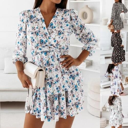 Women Dress Long Sleeve Mini Dress V Neck Breathable Leopard Floral Mid Waist Double-layer Hem Lady Dress for Daily Life 2021