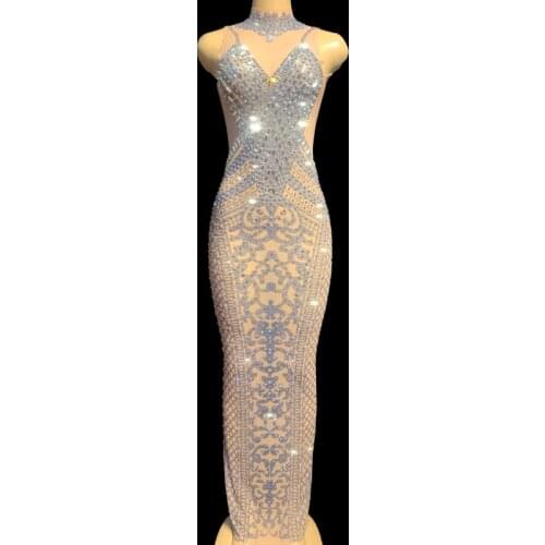 New Mesh Perspective Rhinestone Sleeveless Long Dress Women Evening Party Birthday Celebrate Bodycon Dresses Sexy Crystal Outfit