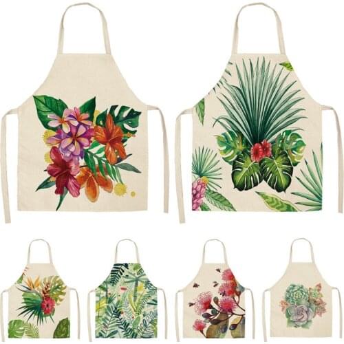 1Pcs Succulent Plants Green Leaves Pattern Kitchen Aprons Home Cooking Baking Shop Cotton Linen Cleaning Apron 53*65cm MP0013