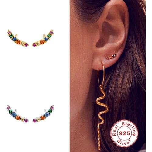 Aide 100% 925 Sterling Silver Stud Earring For Women Gift Colorful Rainbow CZ Zircon Arc Line Ear Climber Luxury Fine Jewelry