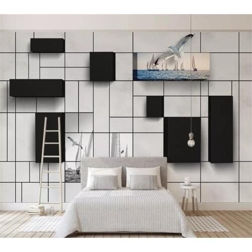 BEIBEHANG Custom wallpaper murals fashion new 3d stereo modern cube brick wall sea sailing TV background wall Papel de parede