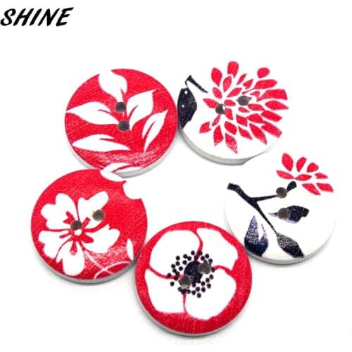 SHINE 30PCs Wooden Sewing Buttons Scrapbooking Round Flower Painting Two Holes 20mm Dia. Costura Botones Decorate D133BJ3