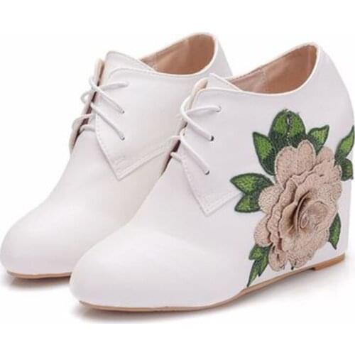 Large white wedges with lace-up ankle boots wedges with lace up spring and autumn single boots flower bridal wedding shoes