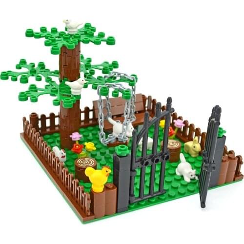 City MOC Accessories DIY Bricks Garden farm animal Chicken Rabbit Cat Swing Plant Flower Creative Building Blocks Toys for Kids