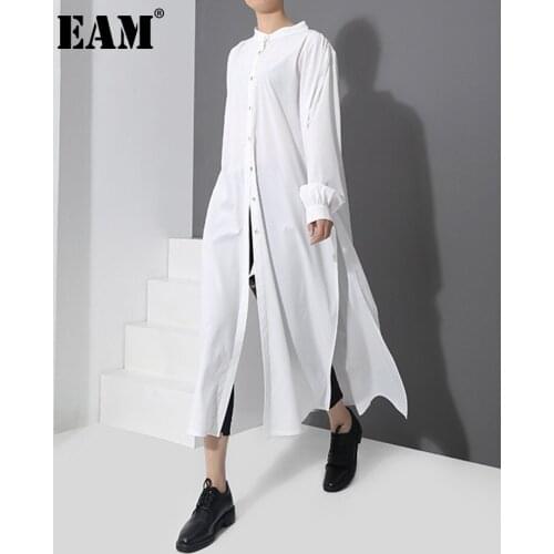 [EAM] 2021 Spring New Fashion New Pattern Long Type Side Vent Button Shirt Long Sleeve Temperament Blouse Women YC170