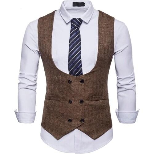 Customzie Double Breasted U-Neck Brown Tweed Vests Wool Herringbone British Style Waistcoat Mens Suit Slim Fits Coat W: 08