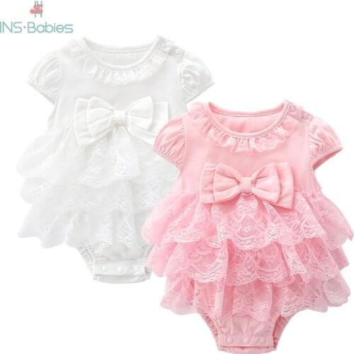 Newborn Baby Bodysuit Girl Dress Summer Clothing Pure Cotton Jumpsuit Climbing Suit Princess Style Lace Full Moon Party Clothes